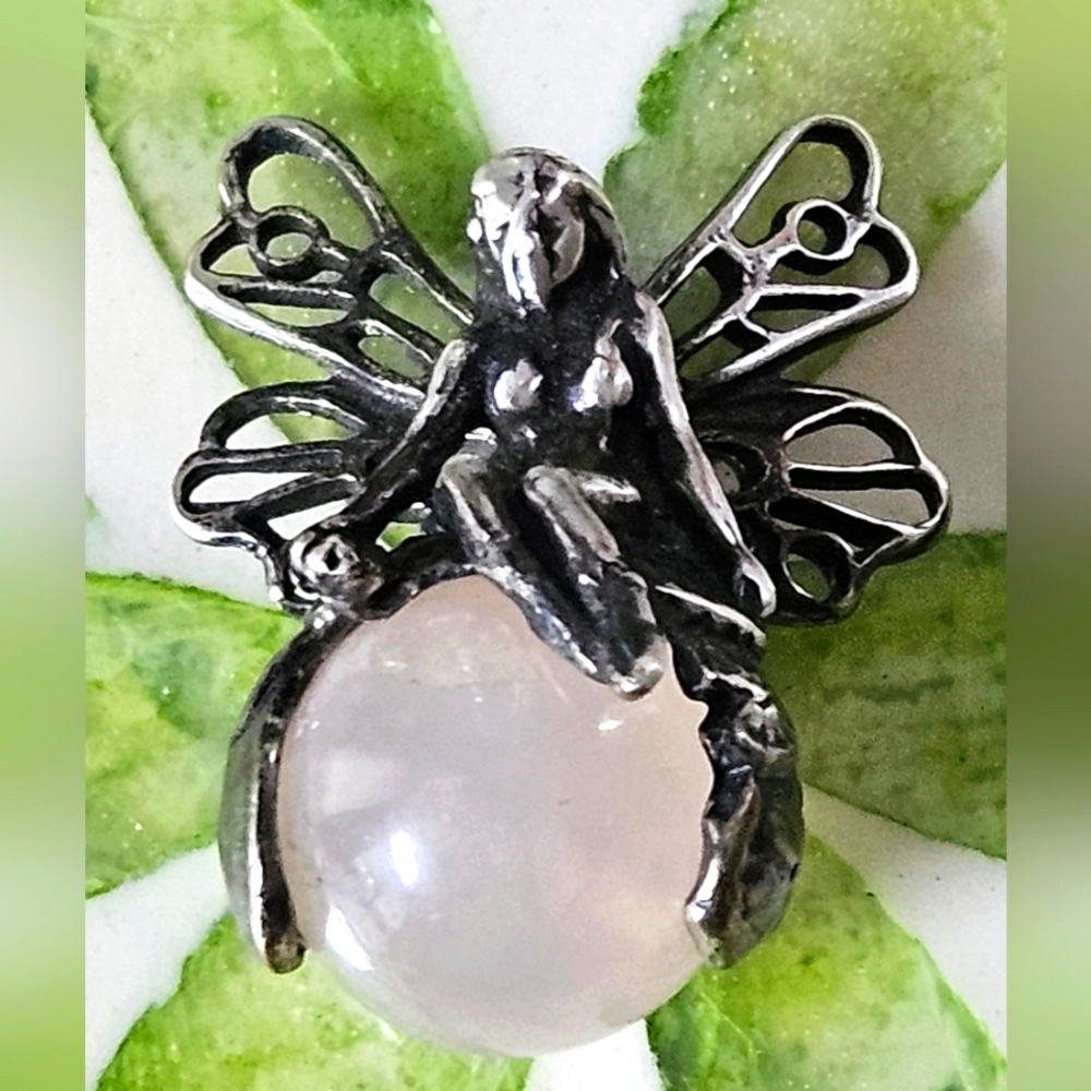 Vintage Silver Fairy Pendant with Pink Quartz Stone